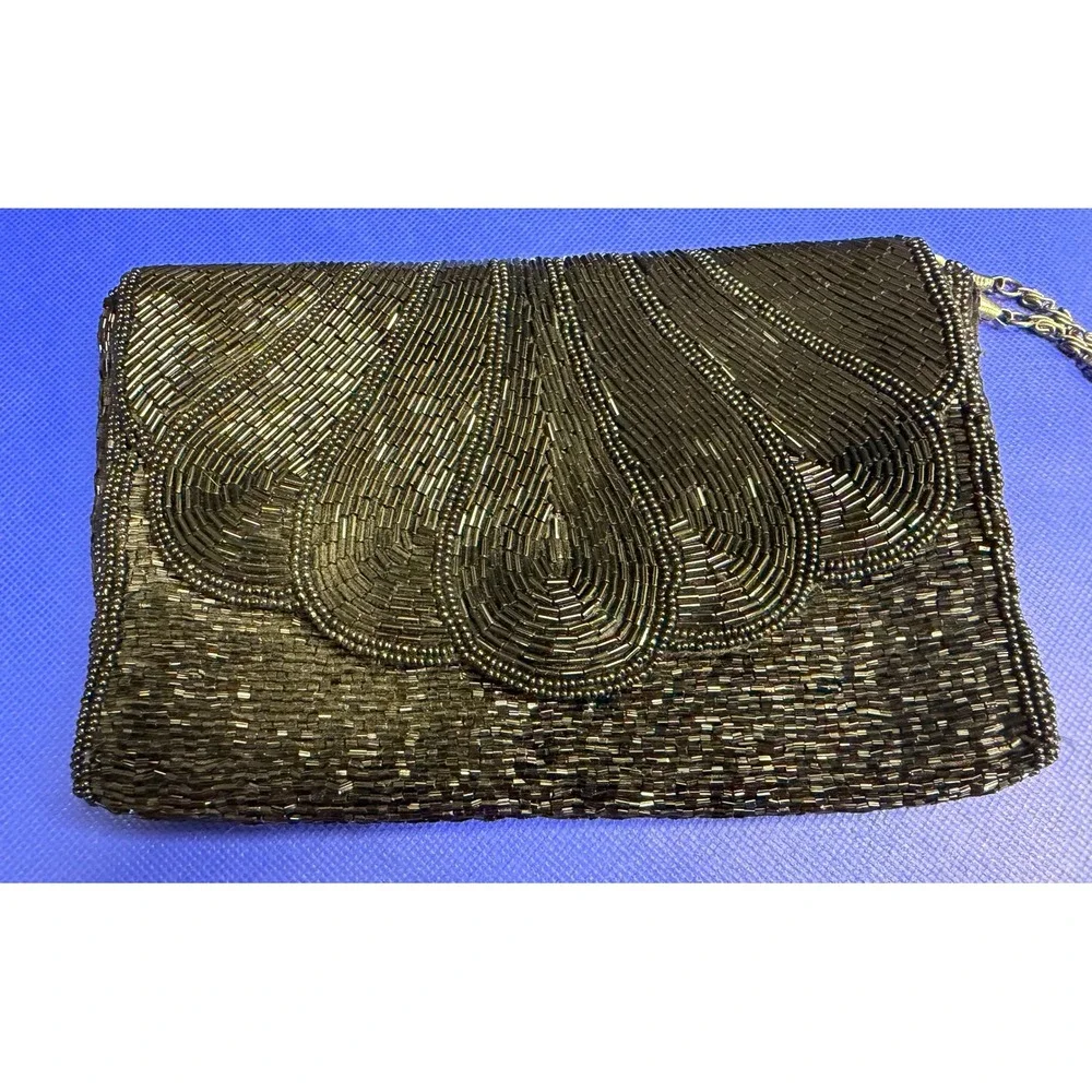 L Regale Vintage Black Beaded Evening Clutch Bag with‎ Chain Strap